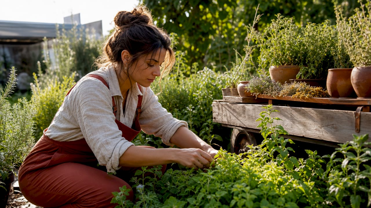 Botanist inspecting organic plants in sunlight