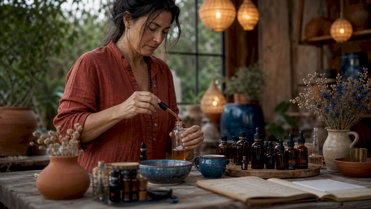 Woman blending essential oils at rustic wooden table