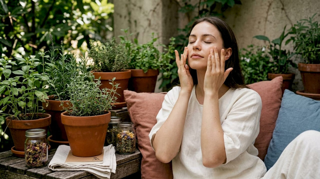 Woman applying botanical facial oil