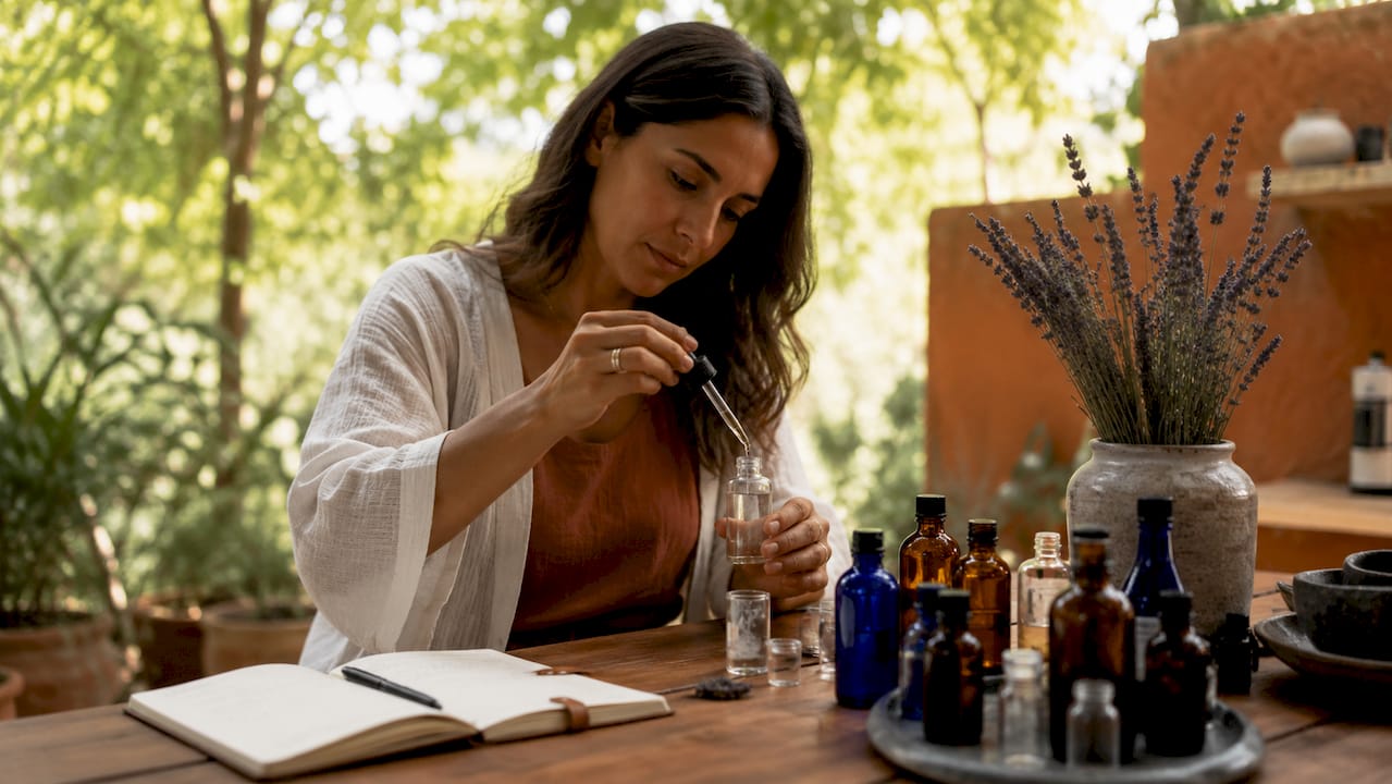 Woman blending essential oils at home kitchen table