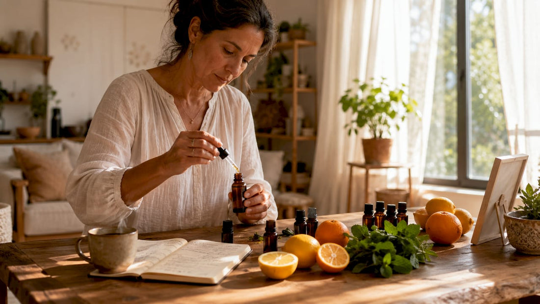 Woman mixing essential oil blend at home