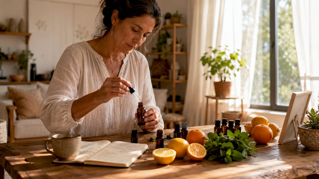 Woman mixing essential oil blend at home