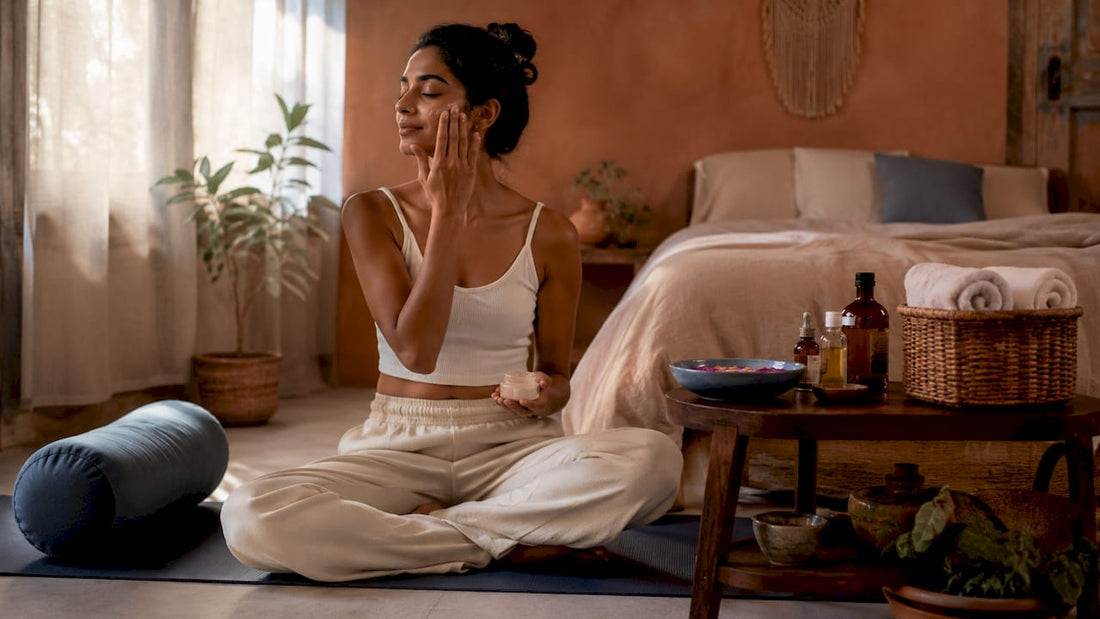 Woman applying moisturizer in home spa