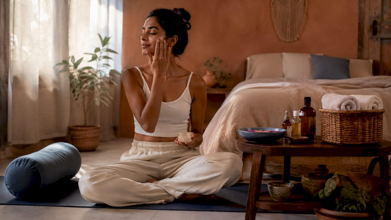 Woman applying moisturizer in home spa