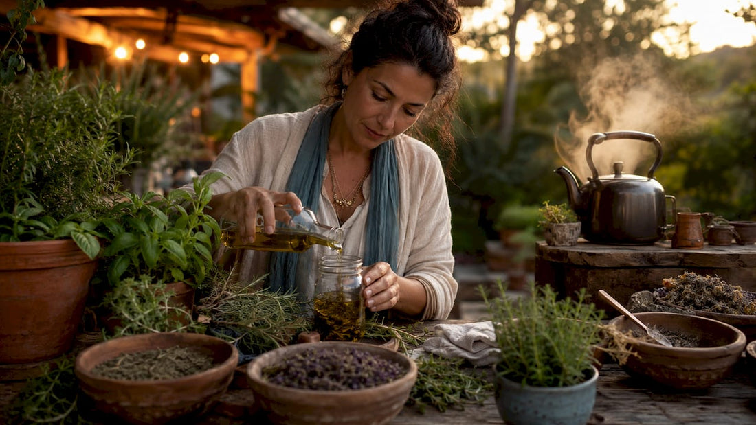 Woman preparing herbal skincare oil in kitchen