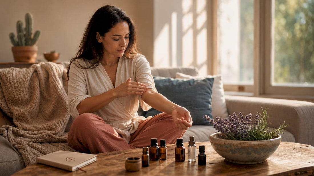 Woman applying essential oils to forearm