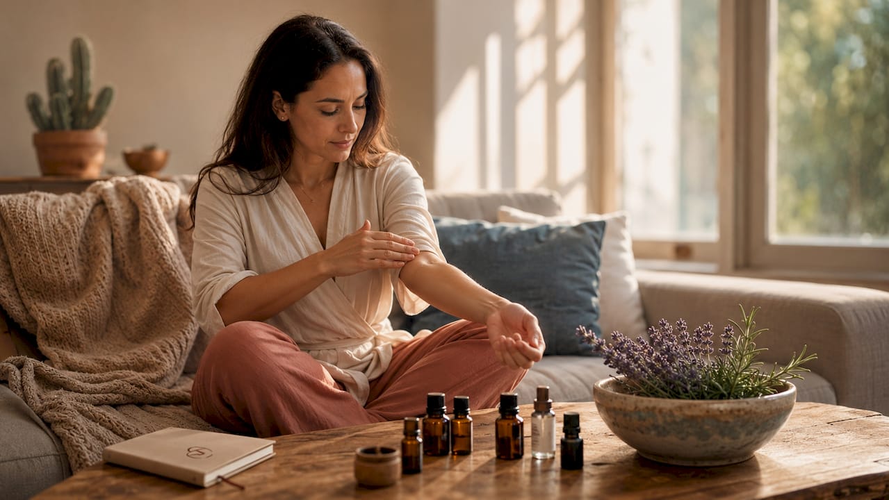 Woman applying essential oils to forearm