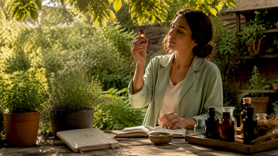 Botanist analyzing essential oil sample in lab