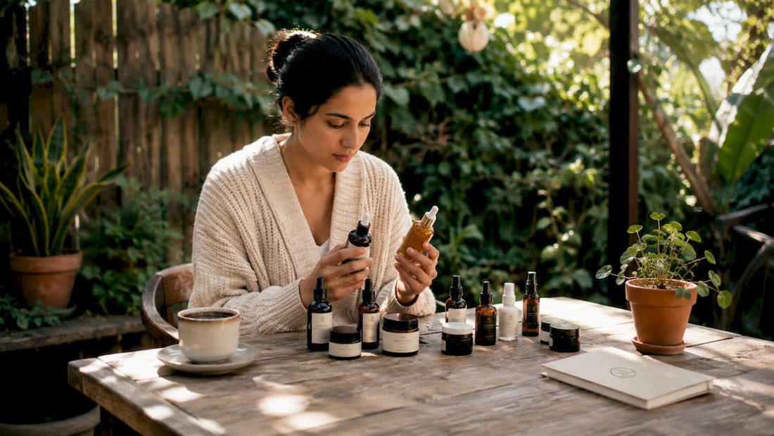 Person comparing skincare products at home table