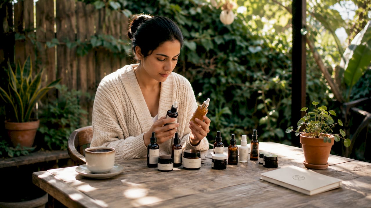 Person comparing skincare products at home table