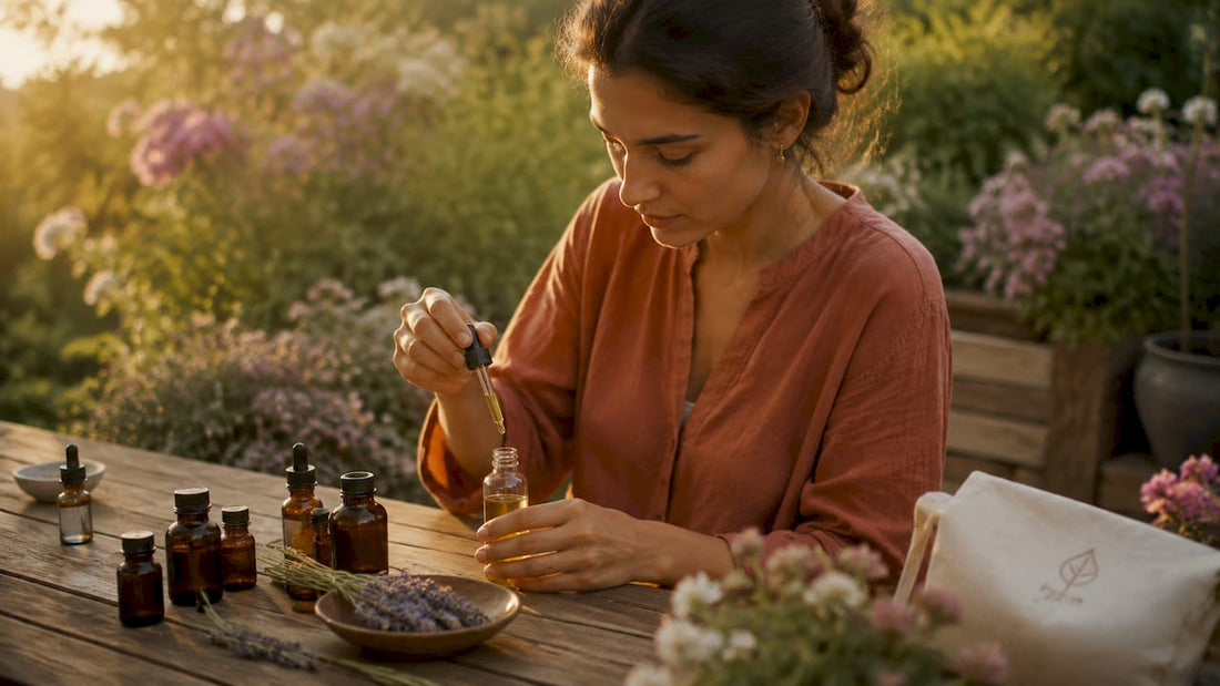 Woman preparing essential oil blend at home countertop