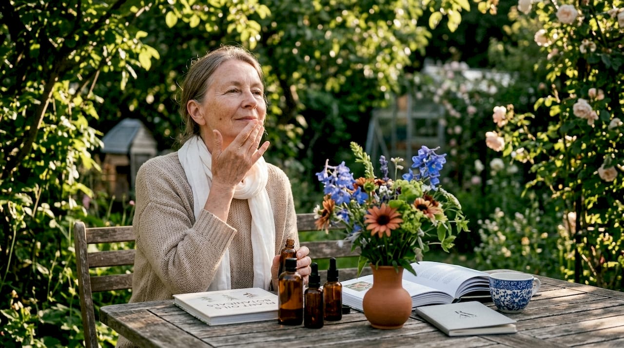 Mature woman applying botanical oil at home vanity