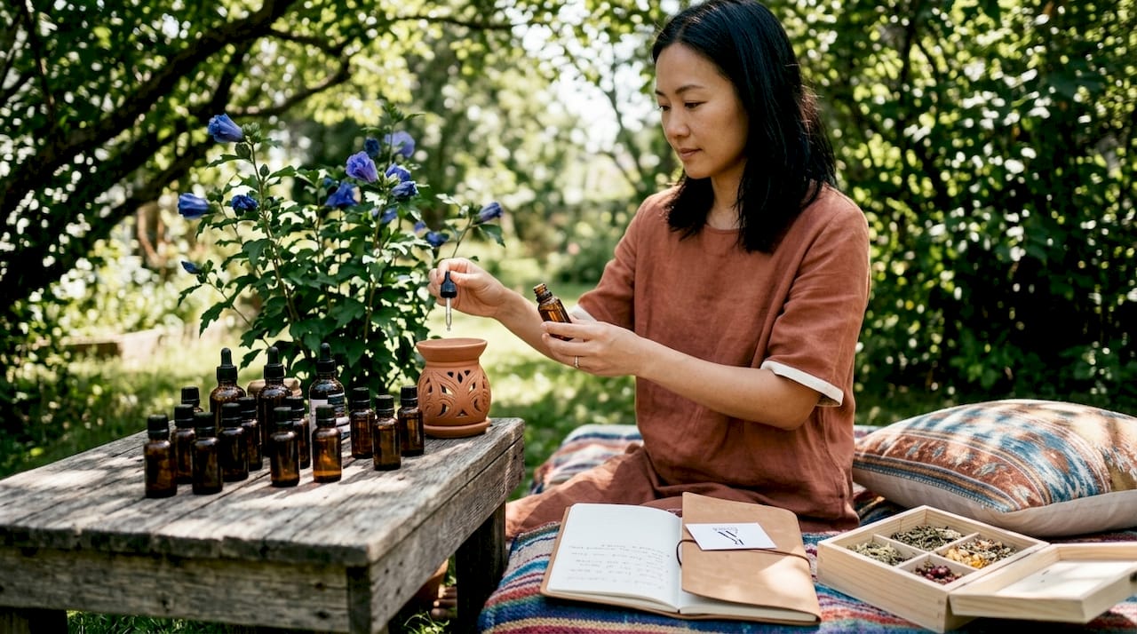 Woman preparing floral essential oils diffuser