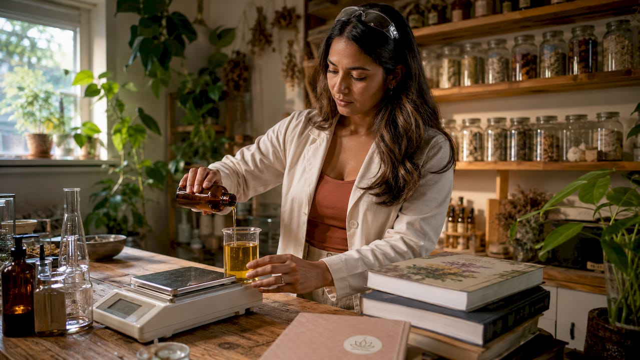 Chemist measuring seed oil in botanical lab