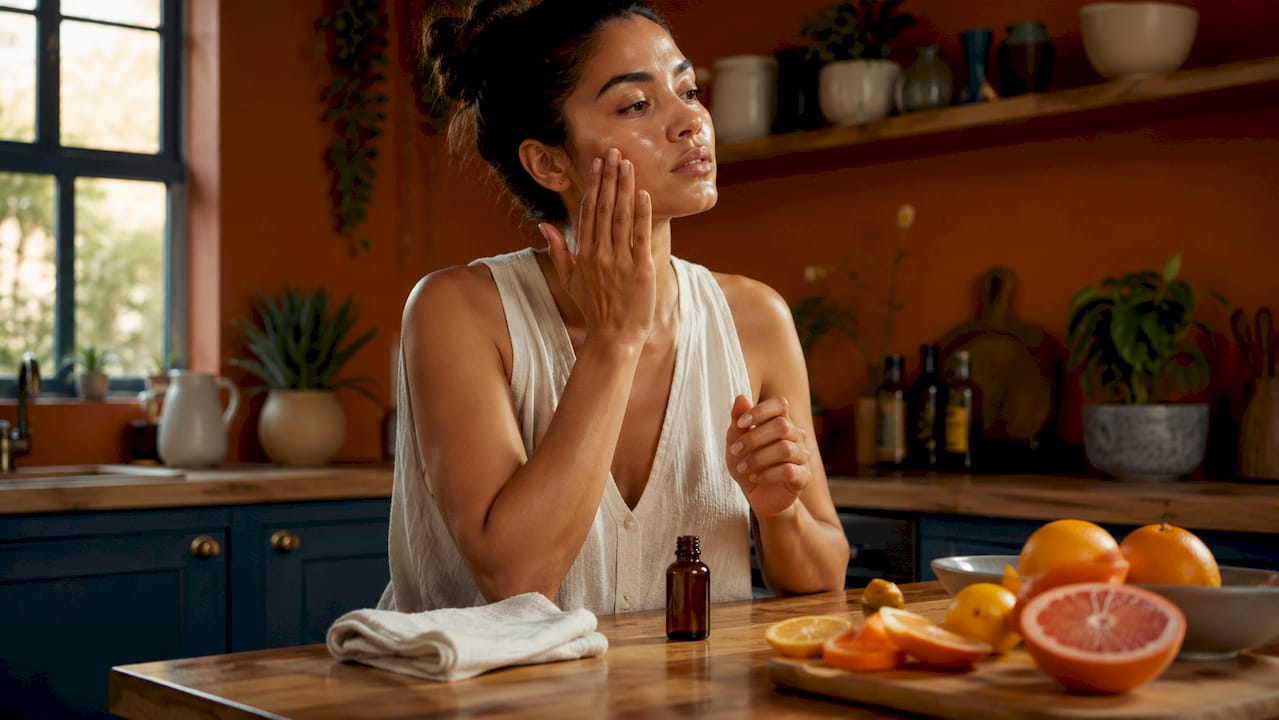 Woman applying facial oil at bathroom vanity