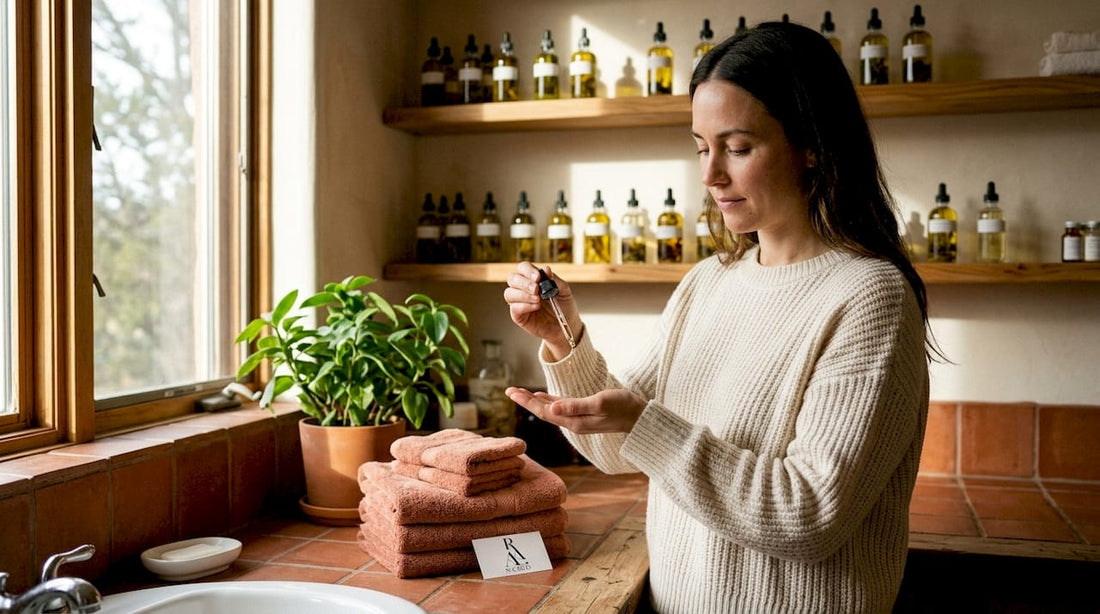 Woman applying beauty oil in bathroom