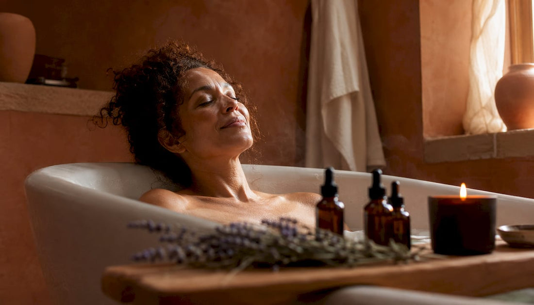 Woman relaxing in a steaming aromatherapy bath