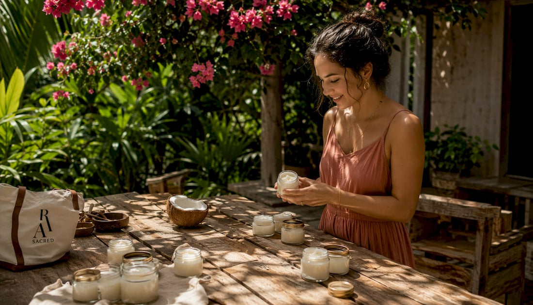 Woman examining natural coconut skincare products in kitchen