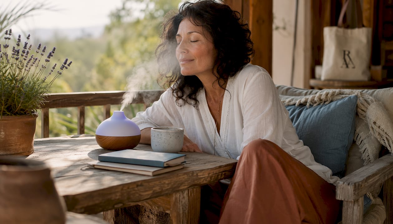 Woman inhaling lavender aromatherapy at home