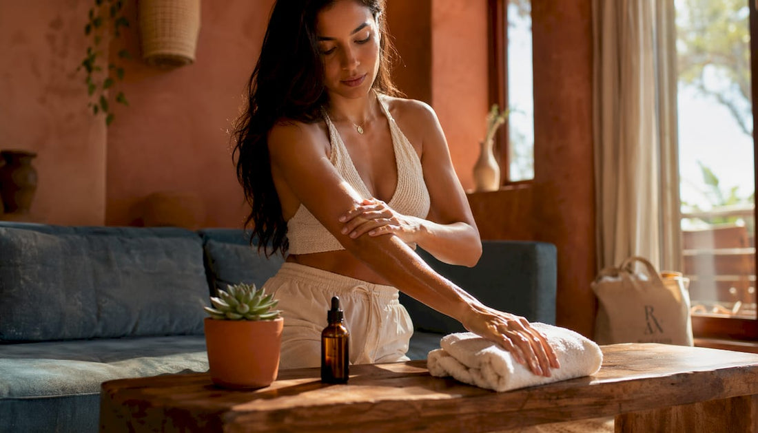 Woman applying organic body oil on skin