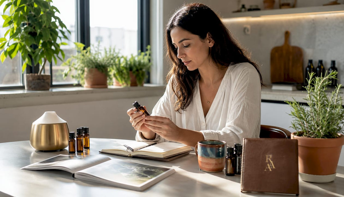Woman reviewing essential oil alternatives at home