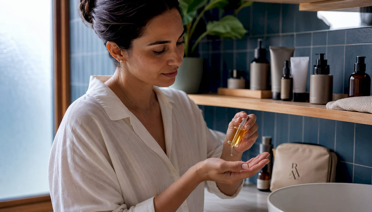 Woman applying carrier oil to hand in bathroom