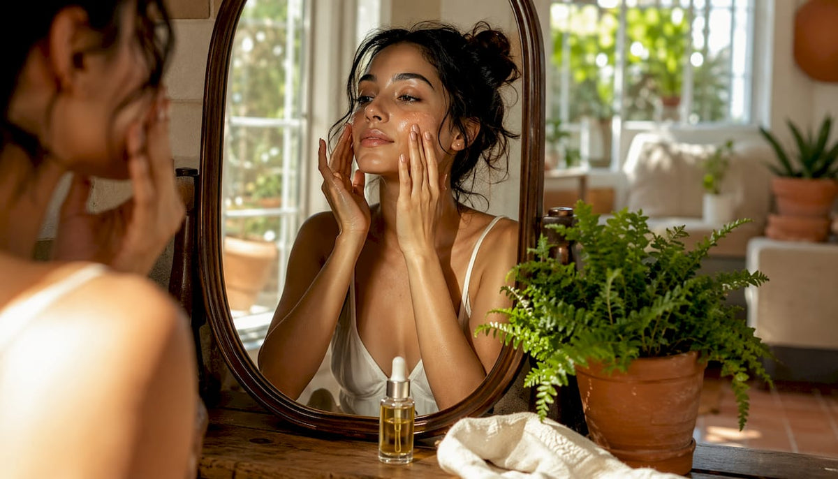 Woman applying beauty oil on face in bathroom