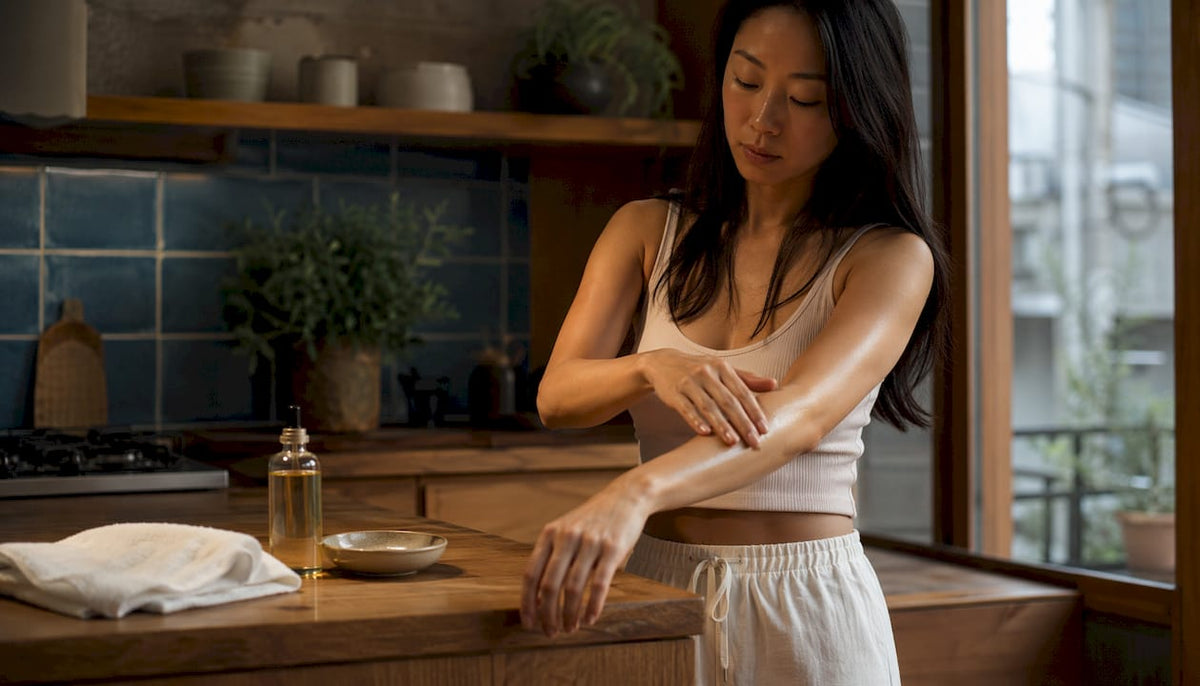 Woman applying body oil on forearm