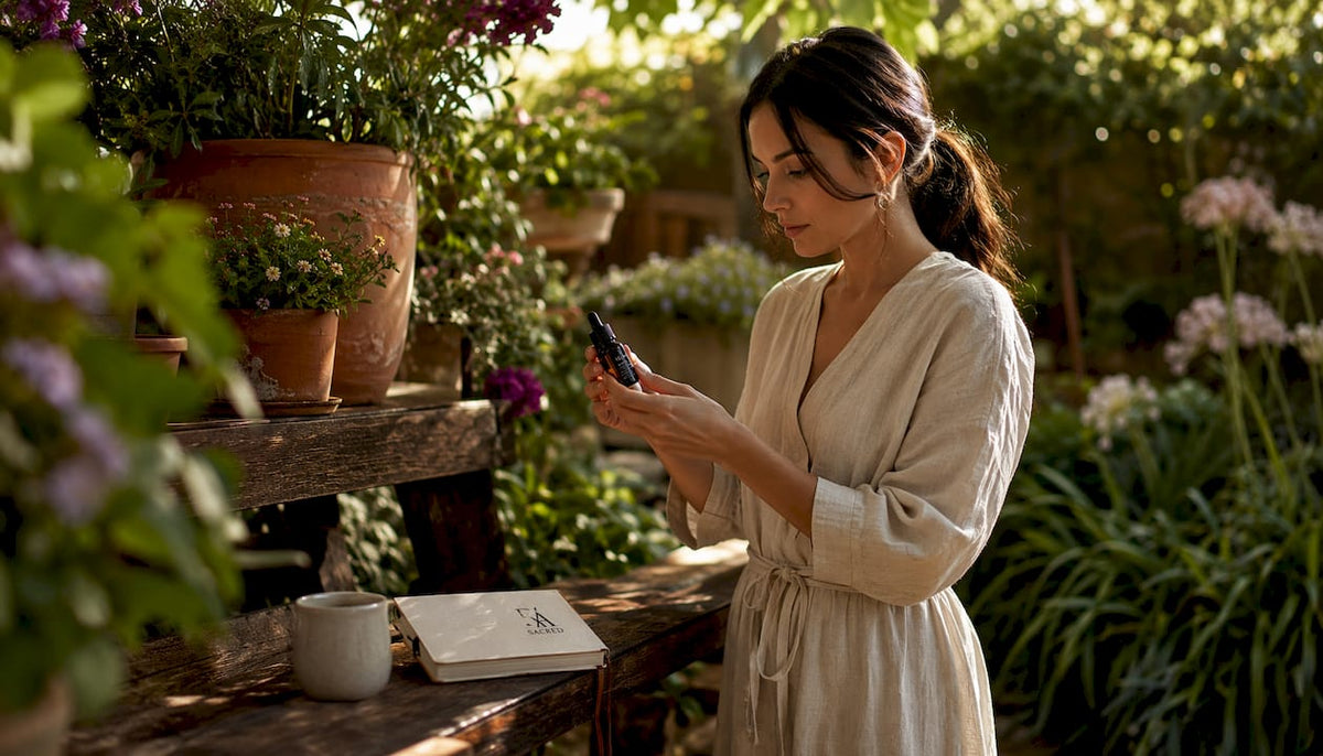 Skincare specialist holding botanical serum bottle in apothecary